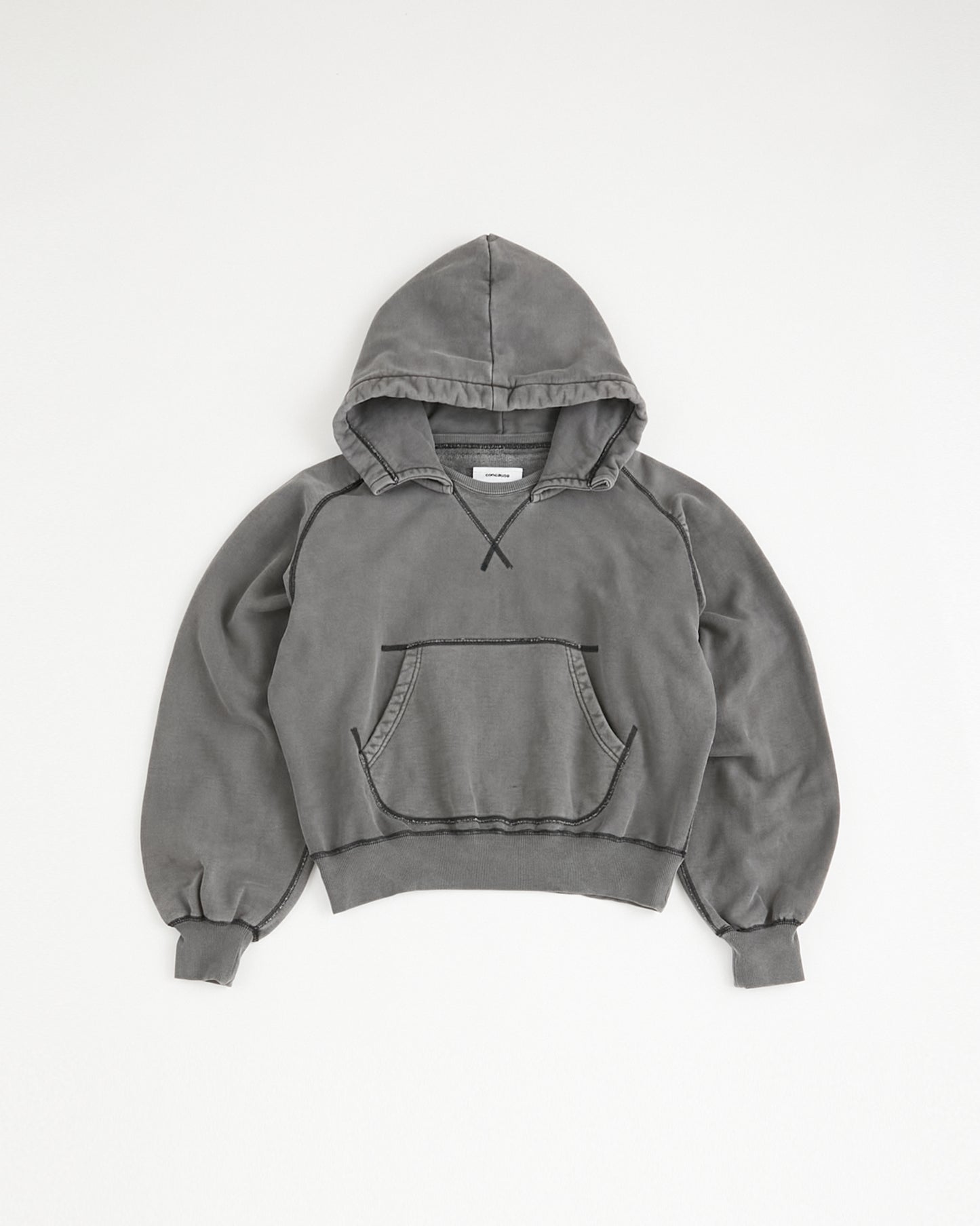 concause Online Shop (コンコース オンラインショップ) | W-V AFTER HOODIE (ダブルVガゼット後付けフーディー) | パーカー レディース フーディ ヴィンテージ ビンテージ ドメスティック ブランド 長袖 加工 ダメージ カジュアル ブラック クロ 黒 スミクロ チャコール