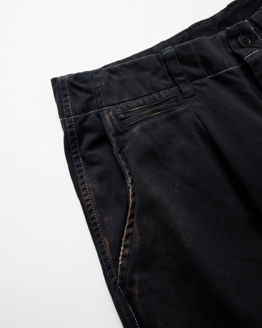 concause WIDE CHINO TROUSER / BLACK サイドポケットとステッチのダメージ加工ディテール
