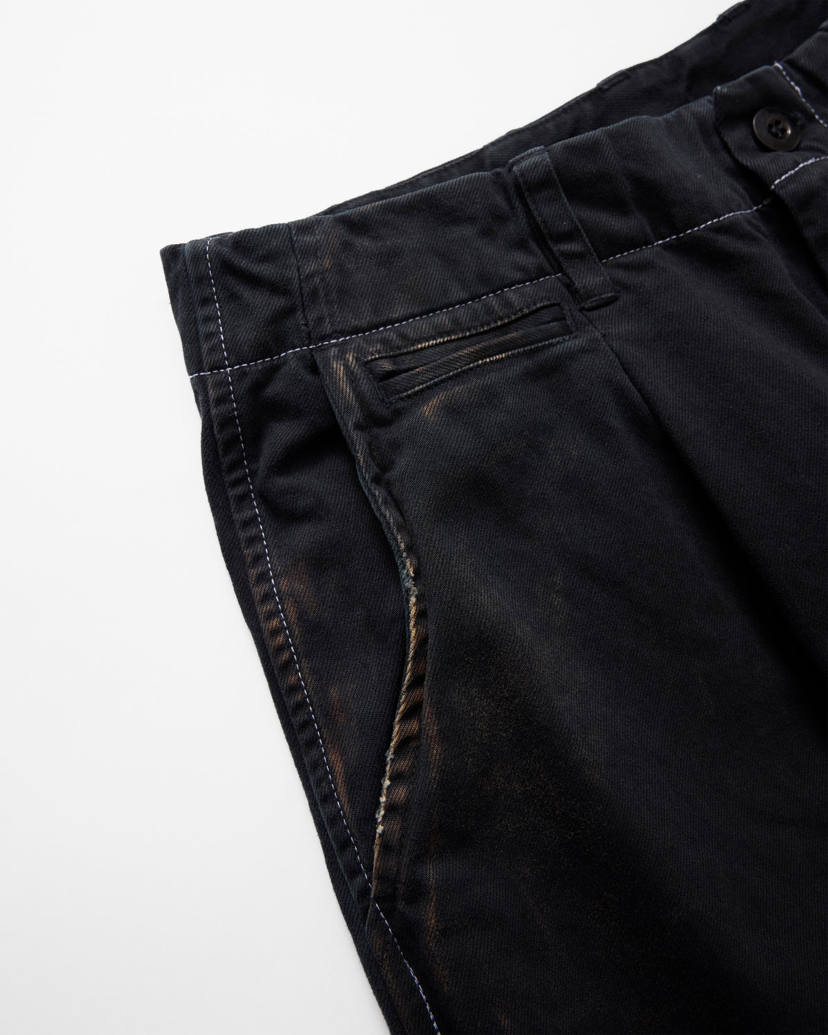concause WIDE CHINO TROUSER / BLACK サイドポケットとステッチのダメージ加工ディテール
