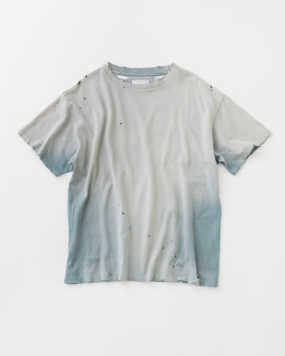 concause HAND REPAIR FADE TEE / BLUE 正面（全体像）・サンフェードダメージ加工
